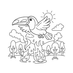 Obraz premium Toucan flies over a wildfire with trees and smoke