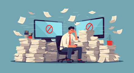 Stressed worker buried in towering paperwork stacks and computer errors symbolizing professional overload