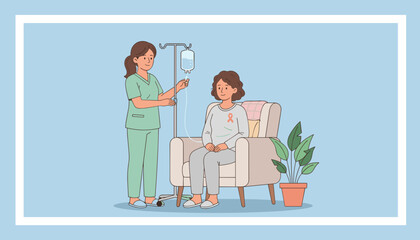 Nurse administering IV treatment to smiling cancer patient with pink ribbon in clinic setting