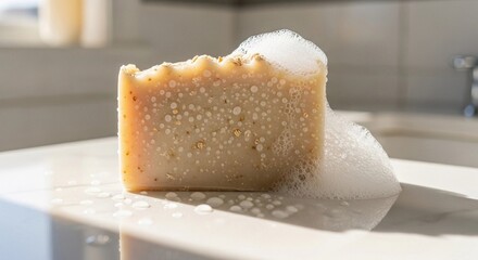 Close-up of a natural bath soap bar with water droplets and foam, placed on a clean bathroom counter