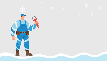 Professional plumber holding a wrench in winter Cold weather maintenance and repair services