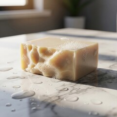 Close-up of handmade organic soap with a creamy texture and lather, placed on a wet marble surface in a bright modern bathroom