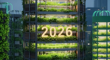 Eco-Futurism 2026: Sustainable Skyscraper with Vertical Gardens and Neon Glow