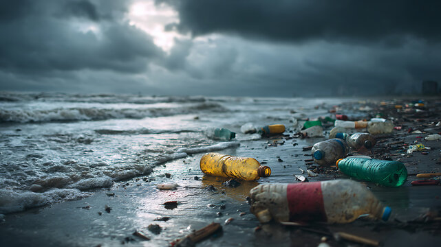 A Somber Seascape: Plastic Waste Washes Ashore Under a Dramatic, Stormy Sky. - Powered by Adobe