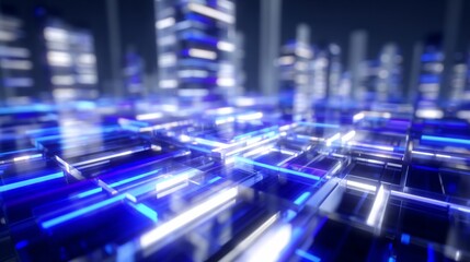 Futuristic city scape with glowing blue lights on a geometric grid surface