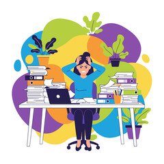 Stressed woman overwhelmed by huge piles of paperwork and files at her office desk