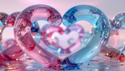 Kształt serca wykonany ze szkła w kolorach różowych i niebieskich