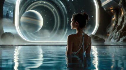 Quiet female figure contemplates starry ringed planet through luminous - Powered by Adobe