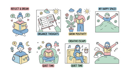 A set of selfcare and mindful activity illustrations reading organizing relaxing and reflecting