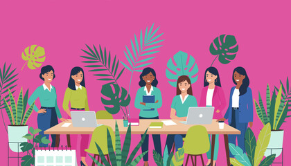 Group of diverse professional women collaborate at a meeting table surrounded by plants