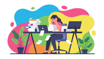Stressed worker drowning in piles of documents and deadlines at the office desk Vector illustration