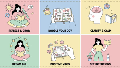 Pastel vector illustrations of selfcare and journaling activities for reflection and mental health
