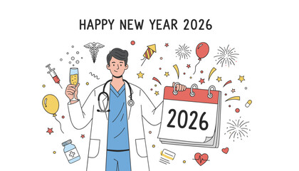 Doctor celebrating Happy New Year 2026 with calendar champagne and medical symbols illustration