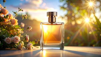 Elegant Perfume Bottle Bathed in Golden Sunlight Amidst Soft Pink Flowers, Evoking Luxury and Fragrance