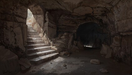 Ancient Stone Stairs Inside a Dark Cave Illuminated by a Beam of Light