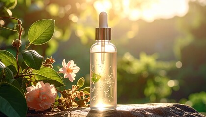 Natural skincare serum bottle with botanical elements and soft sunlight