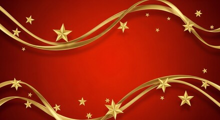 A vibrant red background adorned with flowing golden ribbons and scattered gold stars, creating a festive atmosphere.