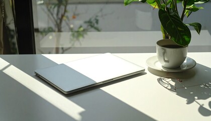 Laptop and coffee on a sunny table, perfect for work or relaxation, with a potted plant
