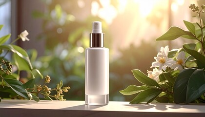 A white cosmetic bottle stands serenely on a ledge, bathed in warm sunlight, surrounded by lush green foliage