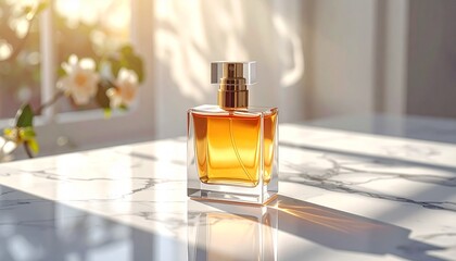 Elegant Perfume Bottle on a Marble Surface, Bathed in Sunlight, Creating a Luxurious Ambiance
