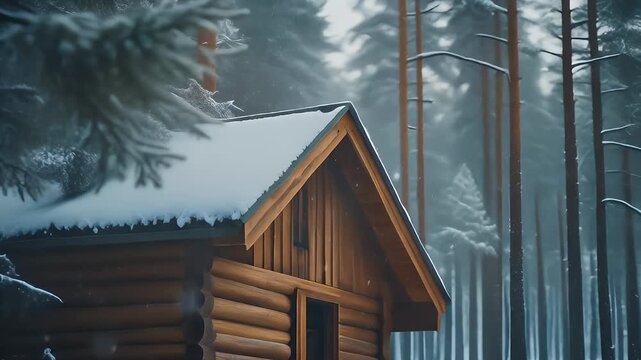 Rustic Wooden Cabin with Triangular Roof in Forest Setting