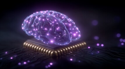 Futuristic glowing brain connected to a microchip symbolizing artificial intelligence and