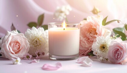 Soft Glow of a Candle Amidst Delicate Pink and White Blooms, Creating a Serene and Romantic Ambiance for Peaceful Relaxation and Contemplation