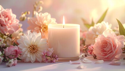 A serene scene with a lit white candle surrounded by beautiful pink and white flowers, creating a peaceful and comforting atmosphere