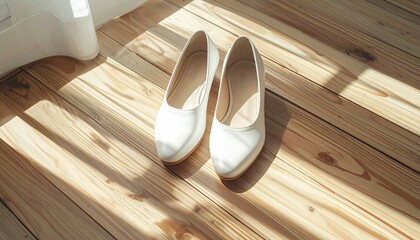A pair of elegant white bridal shoes resting on a sunlit wooden floor, bathed in the soft morning light casting long shadows from a window