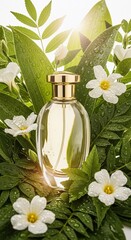 Luxury perfume bottle with a golden cap placed among green foliage and dewy petals, soft glowing light and clean white background