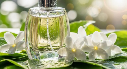 Close-up of an elegant glass perfume bottle with water droplets on the surface, surrounded by fresh green leaves and white flowers