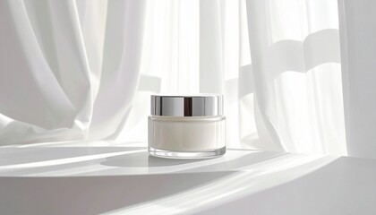 Elegant glass jar of cosmetic cream with a silver lid, presented on a white surface with beautiful soft light and shadows from draped curtains