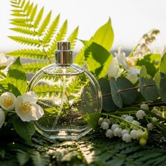 Close-up of an elegant glass perfume bottle with water droplets on the surface, surrounded by fresh green leaves and white flowers