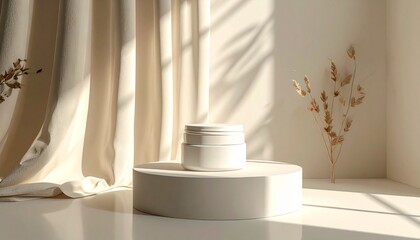 Elegant white cosmetic jar on a pedestal, bathed in soft natural light with delicate shadows and dried botanicals, evoking a serene and minimalist skincare product display