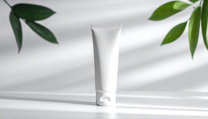 Blank Cream Tube Mockup with Natural Leaves and Sunlight Shadows