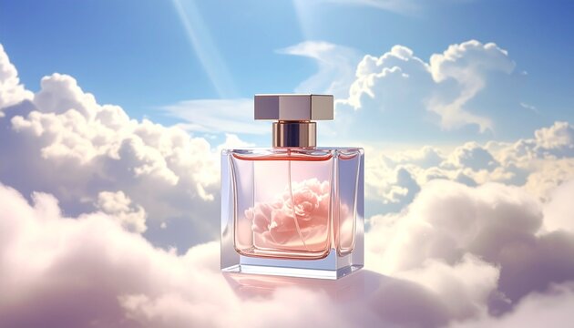 Luxurious fragrance bottle with a delicate pink cloud suspended within, set against a backdrop of fluffy white clouds and a clear blue sky, evoking an airy and sophisticated scent