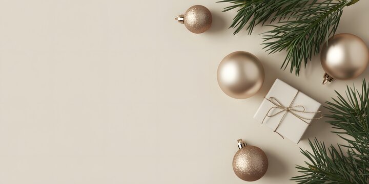 Elegant Christmas flat lay with white gold stars, pine needles, and ribbon on a clean background. Perfect for holiday greetings, promotions, or festive announcements with ample copy space.