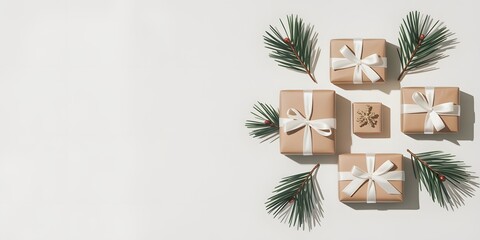 Elegant Christmas flat lay featuring a blank white card on kraft envelope, surrounded by golden ribbon, festive ornaments, and cypress branch on marble. Ideal for holiday mockups, greeting cards, a