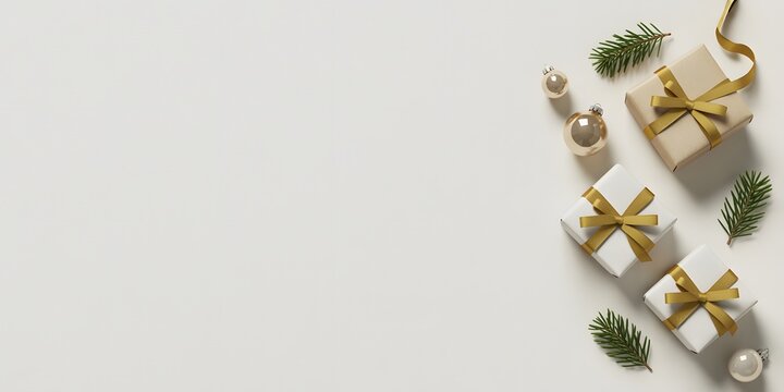 Festive elegant flat lay for Christmas & holiday greetings. Features a blank red card mockup, golden bows, and tasteful decorations on a warm background.