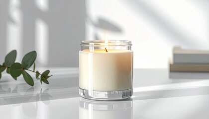 A lit candle in a clear glass jar, casting subtle shadows on a white surface