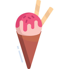 Pink ice cream cone with strawberry topping and wafers on transparent background sweet dessert summer treat