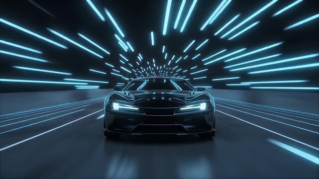 Futuristic Car Driving Through Glowing Tunnel with Blue Light Trails