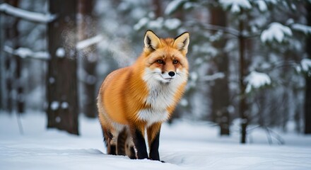 Obraz premium a red fox standing on snow-covered ground in a dense winter forest