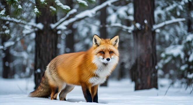 a red fox standing on snow-covered ground in a dense winter forest
