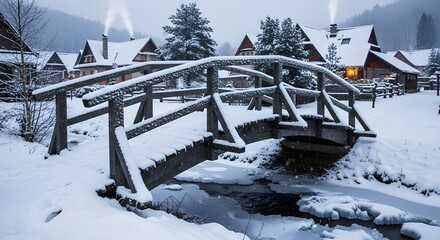 a small wooden bridge over a frozen stream, snow-covered village houses around