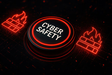 Cyber safety button with glowing red neon firewall on dark digital background representing online protection and security awareness in technology environment