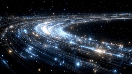Spectacular space rendering showing a ringed galaxy system with stellar light