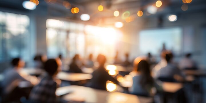 A classroom seminar depicted in a blurred, soft-lit image, with abstract lighting and background details emphasizing the learning environment. High quality