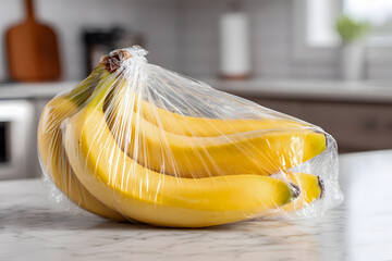 Fresh Bananas Wrapped in Plastic Bag on Kitchen Counter
