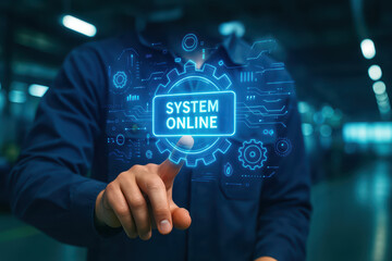 System online concept with hand pointing at glowing digital interface, technology background with gear and circuit, futuristic network connection and data flow visualization